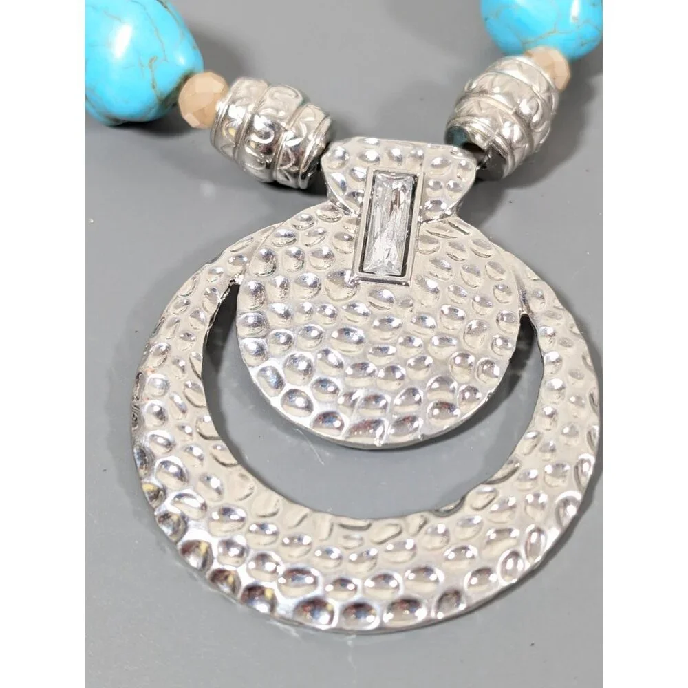 Southwestern Boho Faux Turquoise Glass Hammered Statement Necklace 22